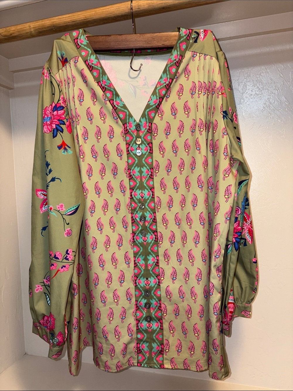 Women's Floral V-Neck Blouse in Olive Green and Pink